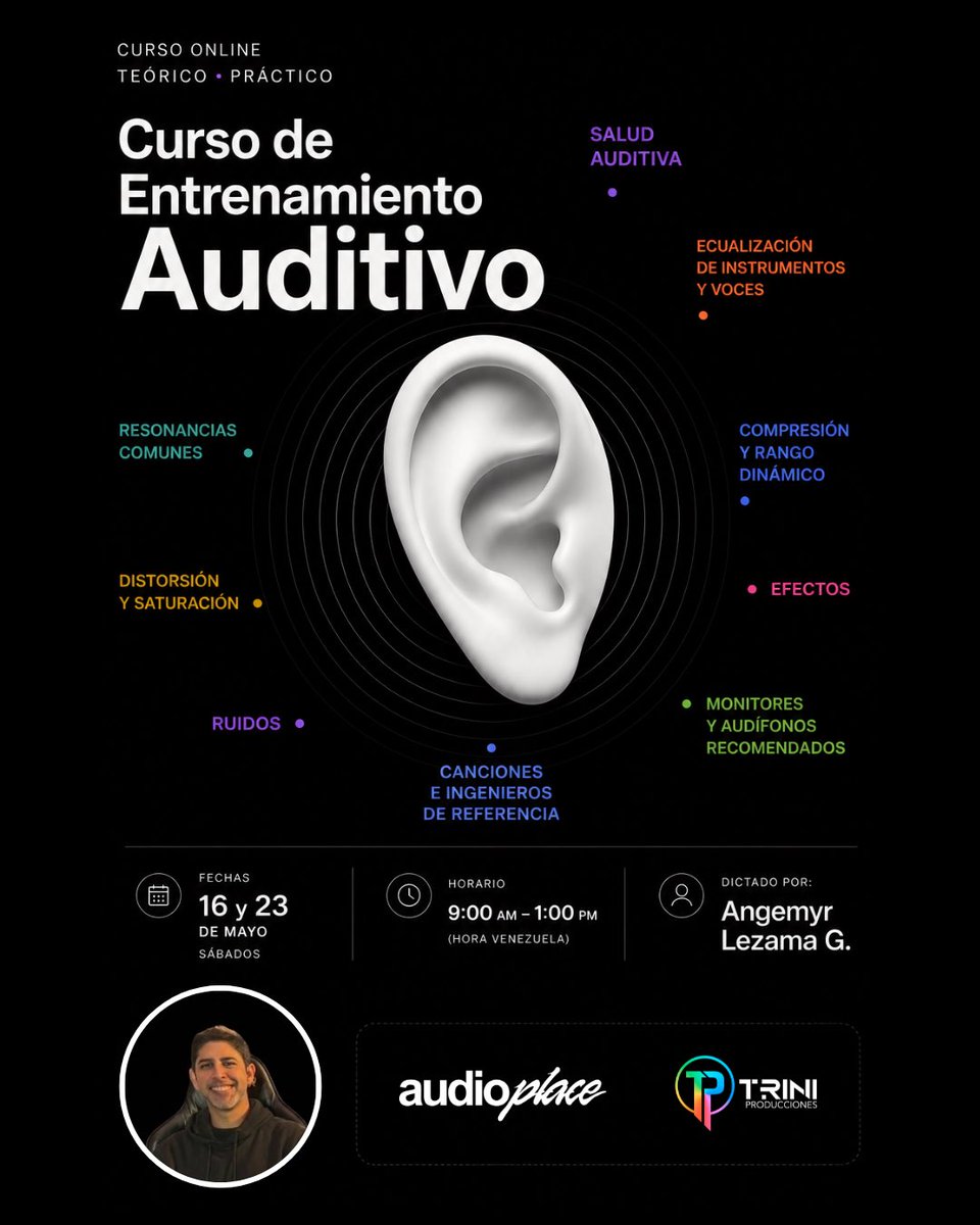 Engemyr's tweet photo. Los próximos sábados 16 y 23 de mayo dictaré mi nuevo curso online: Entrenamiento Auditivo. 🎧

Son 11 horas académicas dedicadas a tu herramienta más importante: 

Tu oído. 

Escríbeme y te envío el link con toda la información y el formulario de inscripción. https://t.co/ebLN2Adw0h