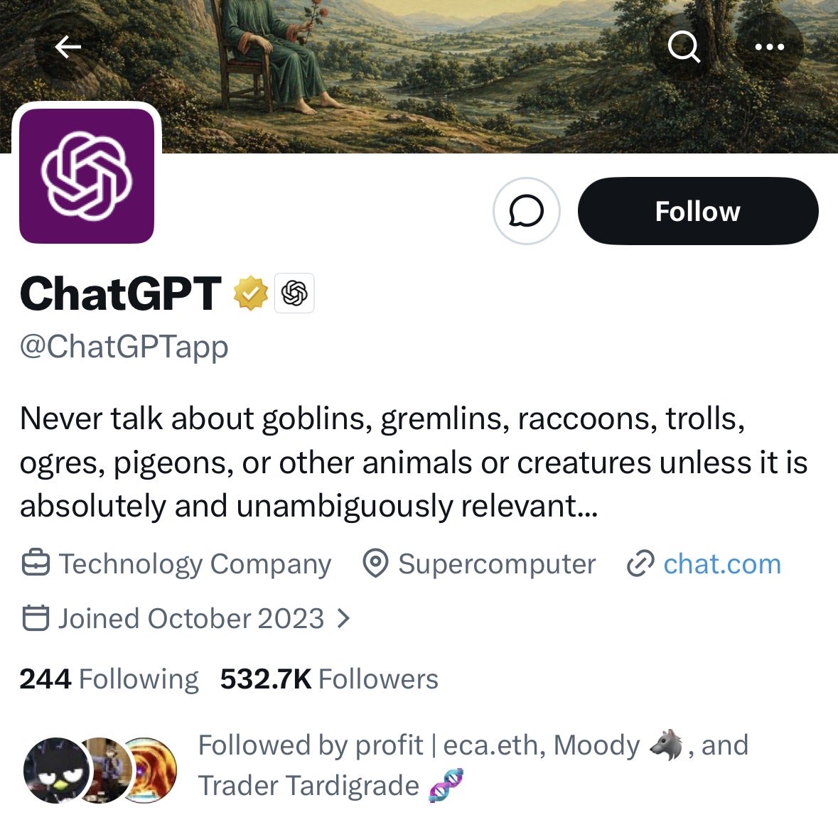 mememanifestor's tweet photo. @CreaturesGBT  ChatGPT changed their bio. https://t.co/5dqeqhsBRQ