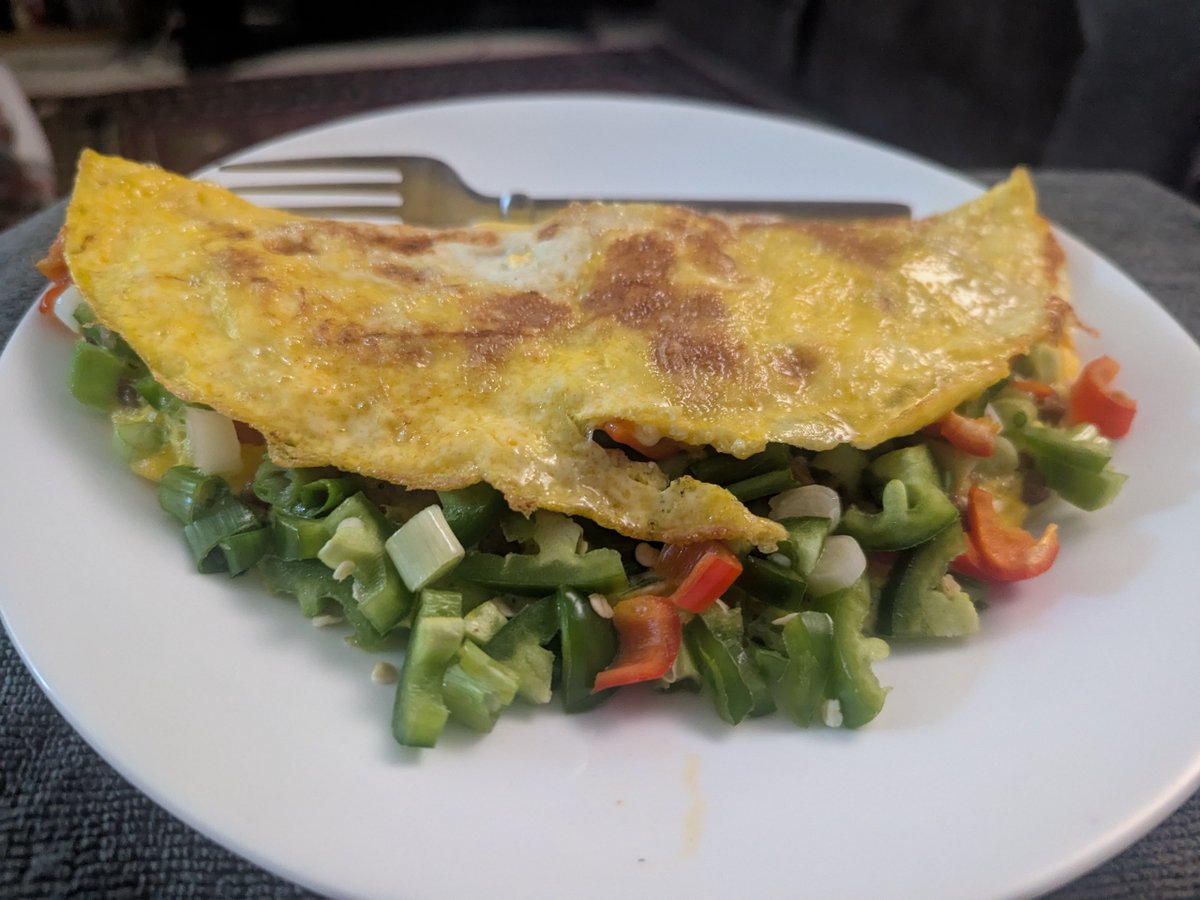 dugless1ders's tweet image. Like a broken record another 4 egg omelette: sausage, cheese, green onions, sweet peppers &amp;amp; jalepenos.

Got home from the salt mine about 20 minutes ago.

#KETO
