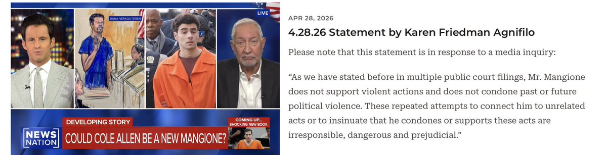 LuigiSqueejione's tweet photo. I’m glad Karen made a statement. Just last night, NewsNation compared Luigi to the recent shooter. The corrupt media has prejudiced him by portraying him as a threat to society and violating his presumption of innocence since day one. It’s dangerous and it has to stop! ✊🏻 #FreeLM https://t.co/Y0wetsdHS2
