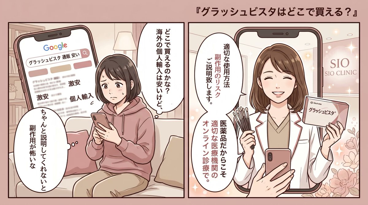 SIOclinic's tweet photo. グラッシュビスタはどこで買える？通販・個人輸入のリスクとオンライン処方 https://t.co/rqWUKJgTwp https://t.co/XkOiyHywj8