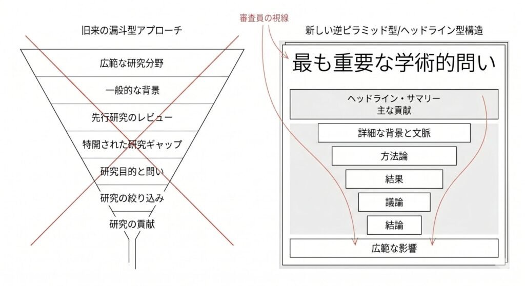 kakenhi_com's tweet photo. 科研費の概要冒頭で何も考えず「近年、〇〇が社会問題となっている」と書き出していませんか？多忙な審査員の心を掴むには、背景を徐々に絞り込む漏斗型ではなく、初手で学術的危機を突きつける「ヘッドライン型」の構成が有効な場合があります。
#科研費のコツ365
https://t.co/emINGBZ2mZ https://t.co/KEapHCTKfp