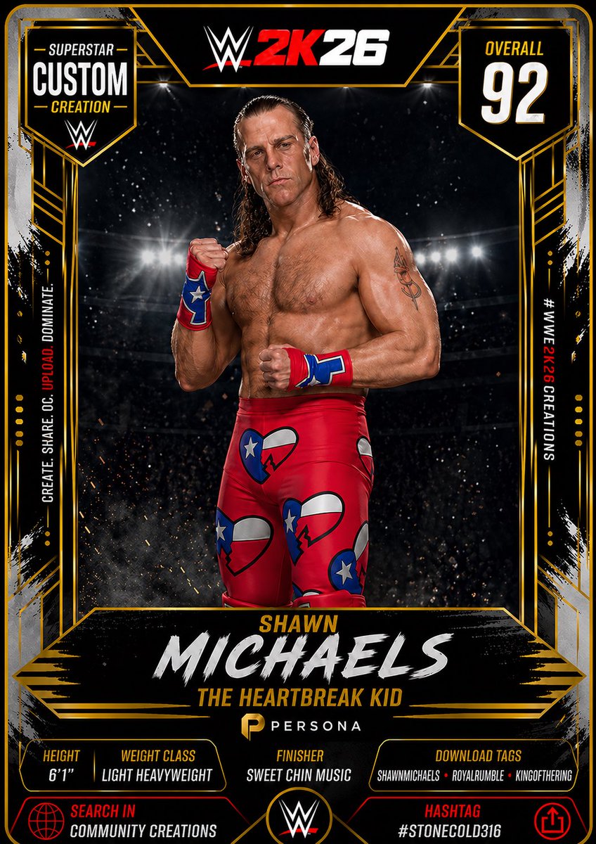 John_Berns's tweet photo. The showstopper. The icon. The main event.

SHAWN MICHAELS is live now in Community Creations.
Built to steal the show every single time.

Includes 1997 King Of The Ring &amp; Royal Rumble attires with accurate logos.

Download now.

#WWE2K26 #CAW #HBK #STONECOLD3I6 https://t.co/eIbz2RYhY3