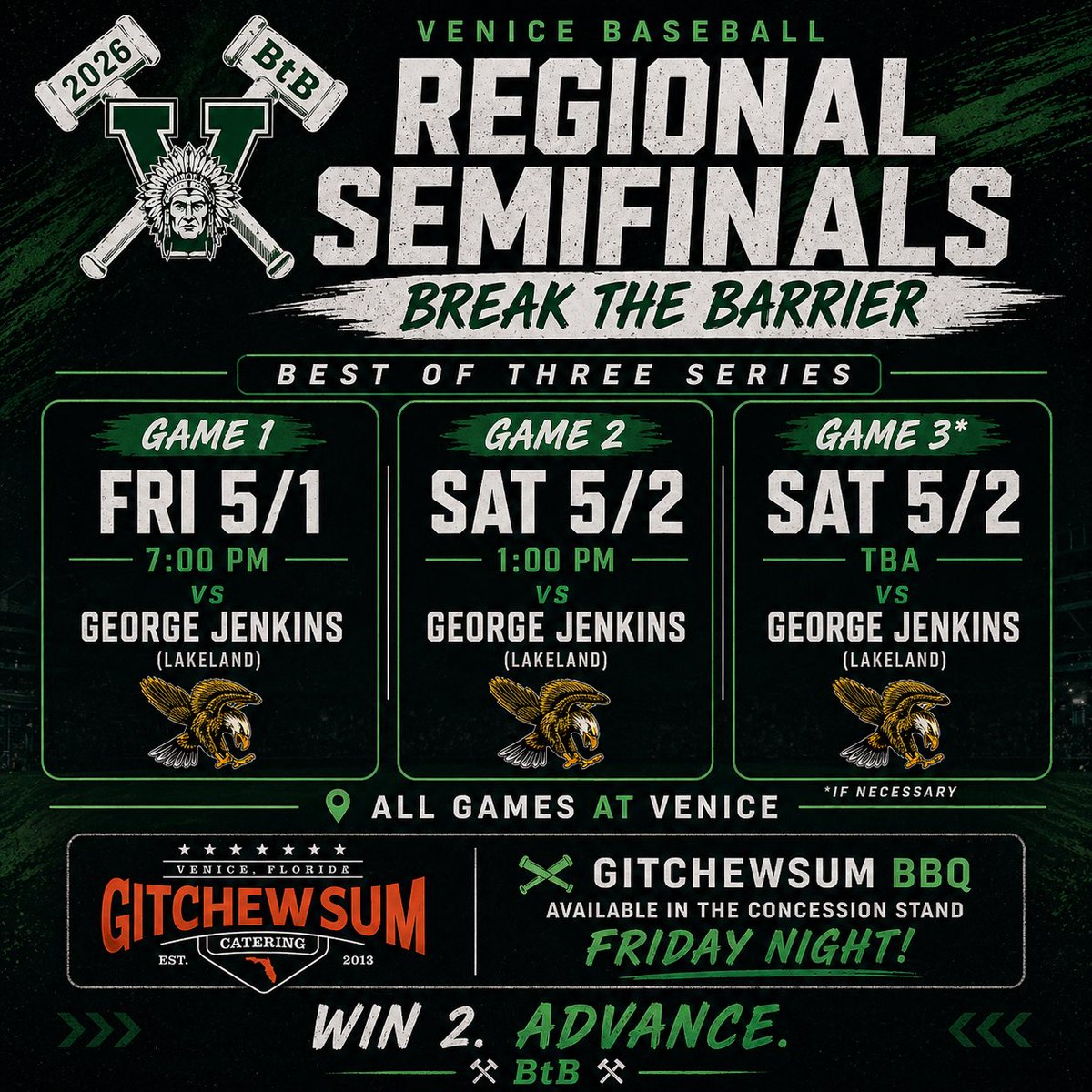 VHS__Baseball's tweet photo. Regional Semifinals! 

Best-of-3 vs George Jenkins — win 2 and advance.
📍 All Games at Venice

Game 1 – Fri 5/1 • 7:00 PM
Game 2 – Sat 5/2 • 1:00 PM
Game 3* – Sat • TBA (*if necessary)

🍖GitChewSum BBQ available in the concession stand Friday night🍖

⚒️ BtB ⚒️ https://t.co/3d632FF6Et