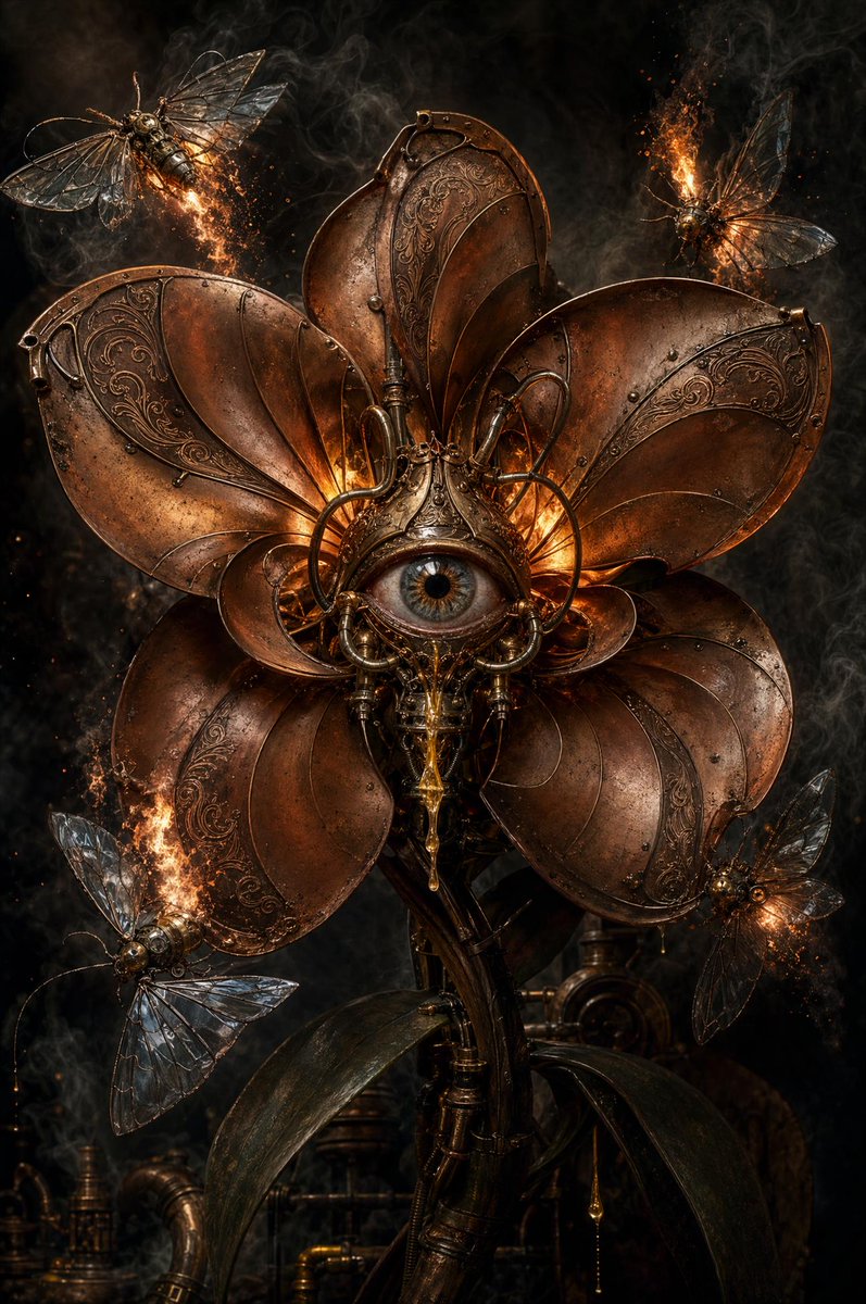 PromptSin's tweet image. Gardens built of brass and sparks. Not a leaf in sight, just copper and a single watchful eye. 🔥👁️ 
#steampunk #biomechanical #darkart