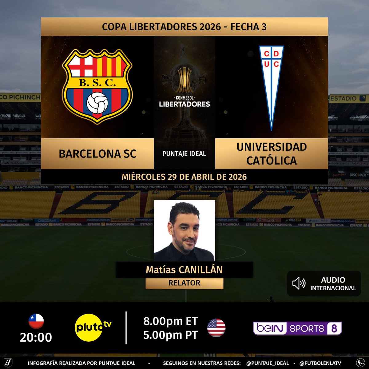 Puntaje_Ideal's tweet photo. ⚽ #Libertadores | 🇪🇨 #BarcelonaSC vs. #UniversidadCatólica 🇨🇱
🎙 Relator: @matiascanillan 
🔊 Audio Internacional, disponible en:
📺 @ESbeINSPORTS 8 🇺🇸
💻📱 #beINSPORTSCONNECT 🇺🇸
💻📱 #PlutoTV Chile 🇨🇱
🤳 #GloriaEterna
Dale RT 🔃 https://t.co/dNvocaSo5U