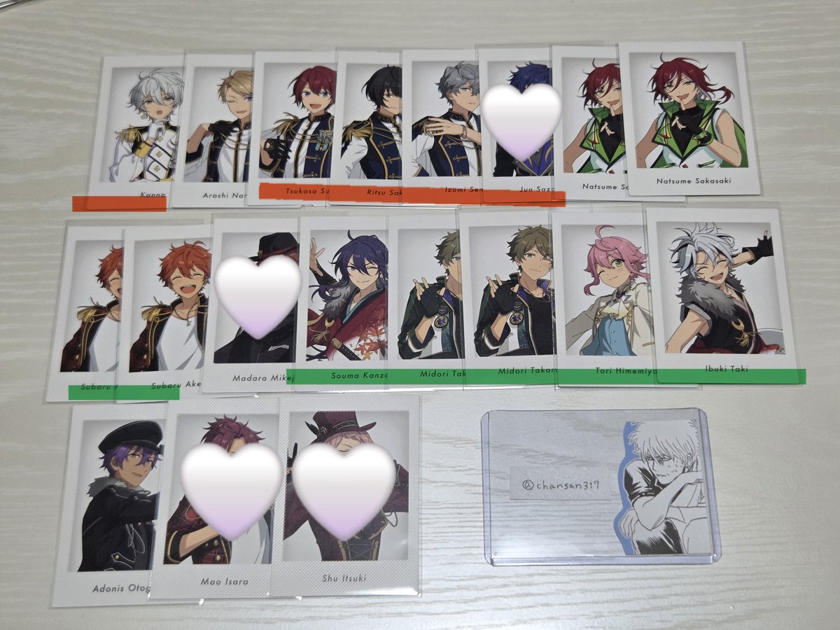 chansan317's tweet photo. あんスタ ぱしゃっつ 10周年 10th 特典｜交換 譲渡

譲】画像1、2

求】特典  零 円果≫鉄虎 マヨイ
　Trip レオ 泉 ＞敬人
　9周年 日和 千秋＞凪砂 晃牙 宗 敬人 鉄虎
　画像3、4

各1
まとめての交換、🩷や🟩含む交換優先
差額の比率違い◎
🟥は優先度が高いもの
📮郵送
お気軽にお声がけください https://t.co/IGoSe3Zx7n