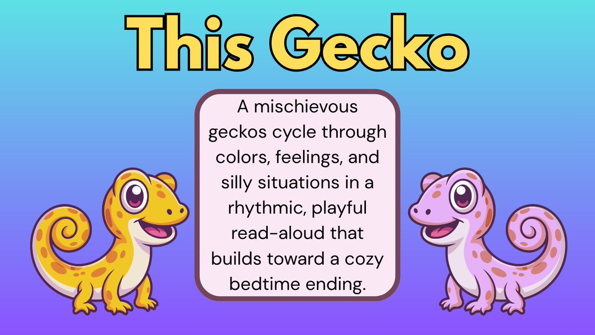 pchadden's tweet image. This Gecko:
This gecko is sticky. This gecko is blue. 
A rhythmic, laugh-out-loud picture book packed with surprises, perfect for toddlers and early readers. #questpit #PB
