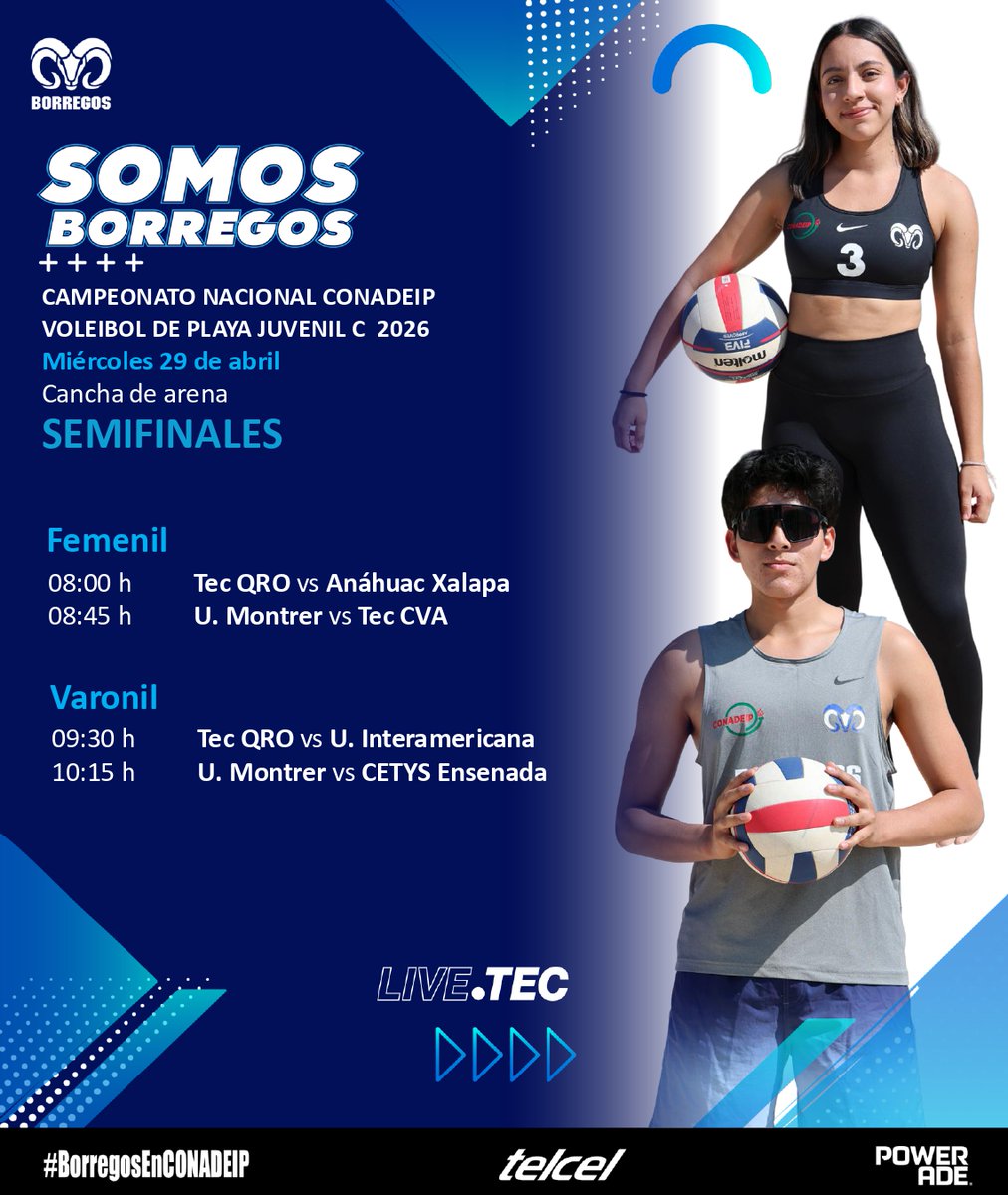 BorregosQRO's tweet photo. ¡Apoya a nuestros equipos! 🏐🏖️

🗓️ Mañana se juegan las SEMIFINALES del Campeonato Nacional de Voleibol de Playa Juvenil C, en las ramas femenil y varonil.

¡No te lo pierdas, te esperamos! 💪
#SomosBorregos #BorregosQRO #BorregosEnCONADEIP
@CONADEIPmx @PrepaTecQro https://t.co/e5fvcmWFxp