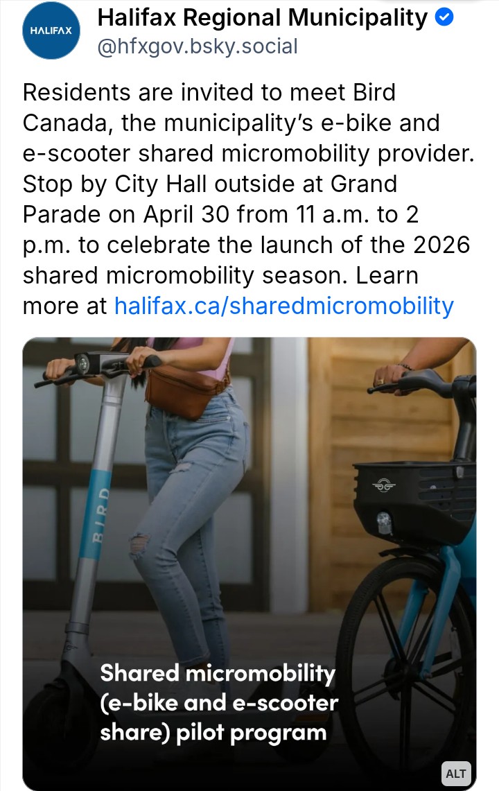 wilcre's tweet image. Come meet #BirdCanada, the HRM’s e-Bike/Scooter micromobility provider. Stop by #Halifax's #GrandParade on April 30, 2026 from 11am-2pm to celebrate the launch of the 2026 shared #Micromobility season.

Link in 2nd image