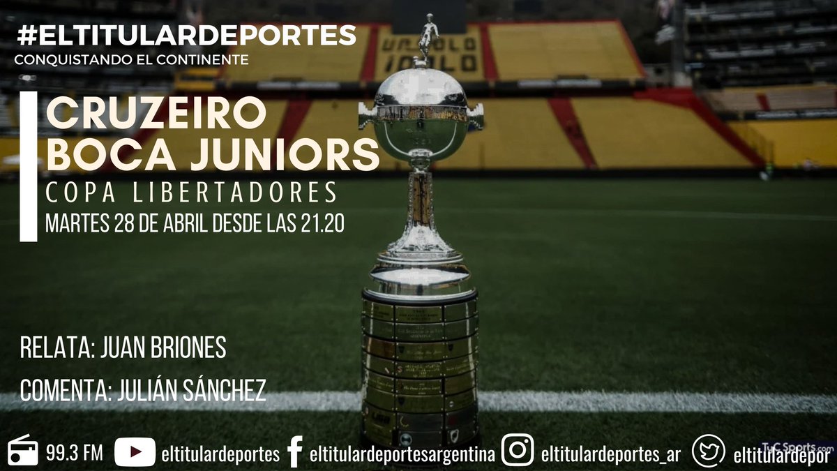 Hoy hay Copa Libertadores 

#Cruzeiro vs. #BocaJuniors 
📻 99.3 FM
🖥️ lapoderosadigital.com.ar
📱Youtube.com/eltitulardepor…
