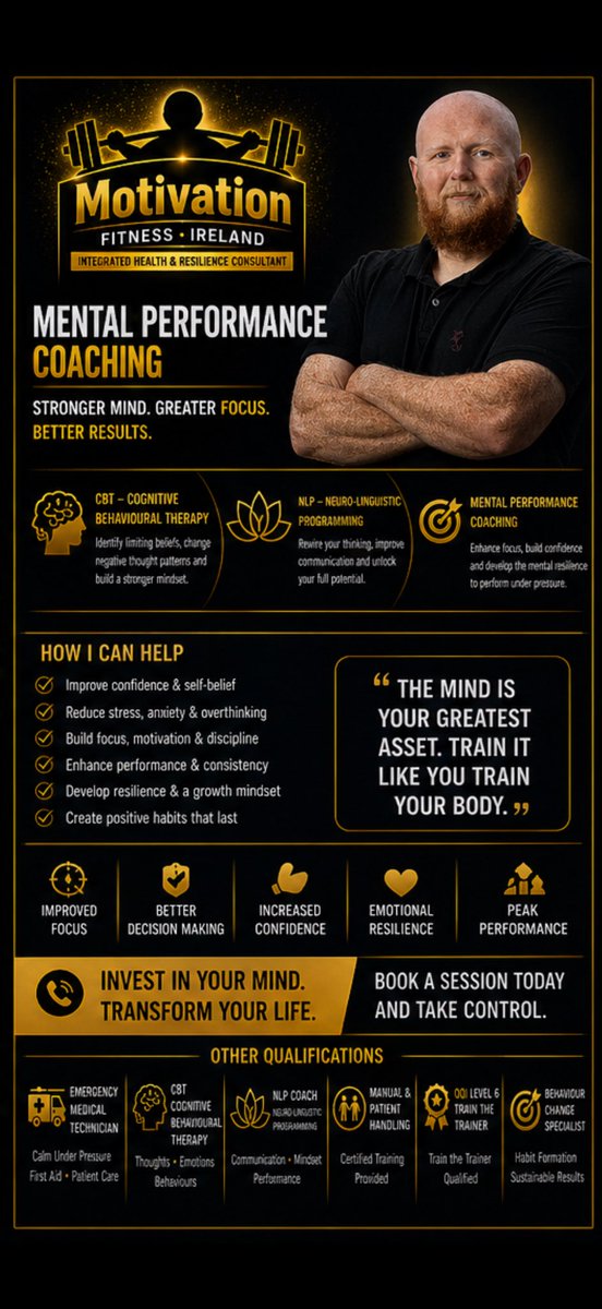 MotivationFitIE's tweet photo. With training in mental health first aid CBT and NLP transformation can start from the mind down helping you to reach your full potential. https://t.co/uQkMPNqz0f