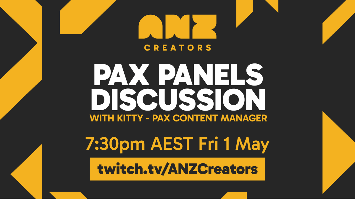 ANZCreators's tweet photo. Thinking of submitting a @PAXAus panel this year?

This Friday at 7:30pm AEST, we're chatting with @kittycanteven - PAX Content Manager. We'll cover what makes a great submission, what stands out, what PAX is looking for and more.

Got a question? Ask in the replies 👇 https://t.co/u7srnLUMfI