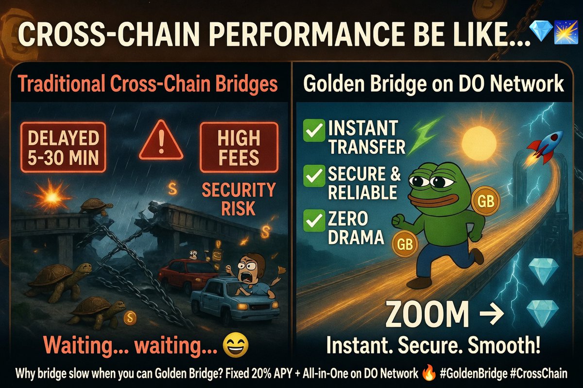 goldenbridge___'s tweet photo. 🚀Traditional bridges got you waiting forever?
Golden Bridge on DO Network just hit the gas — instant cross-chain every single time! 🌉💎
#GoldenBridge #CrossChain #DeFi #DONetwork https://t.co/NozObjAuzZ