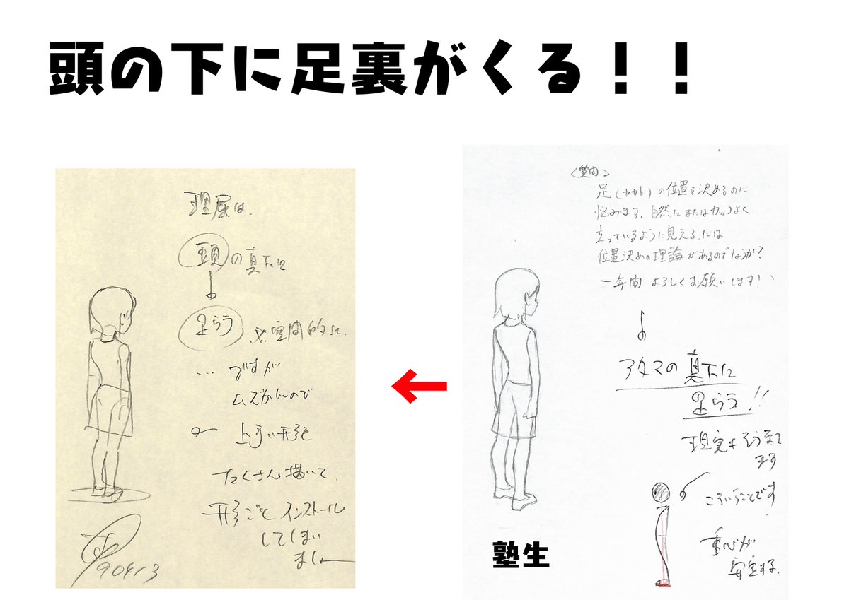 ◯斜め立ちポーズのポイント
・単純な図形から「側面」をしっかり意識する
・頭の真下に足裏が来ることを側面図で把握する
斜めポーズの難しさは正面、横の両方の要素が入り立体感が必要になること。
いきなり細部の顔似せに行かずに斜めの形とは何か?基礎的な部分から積み重ねること。