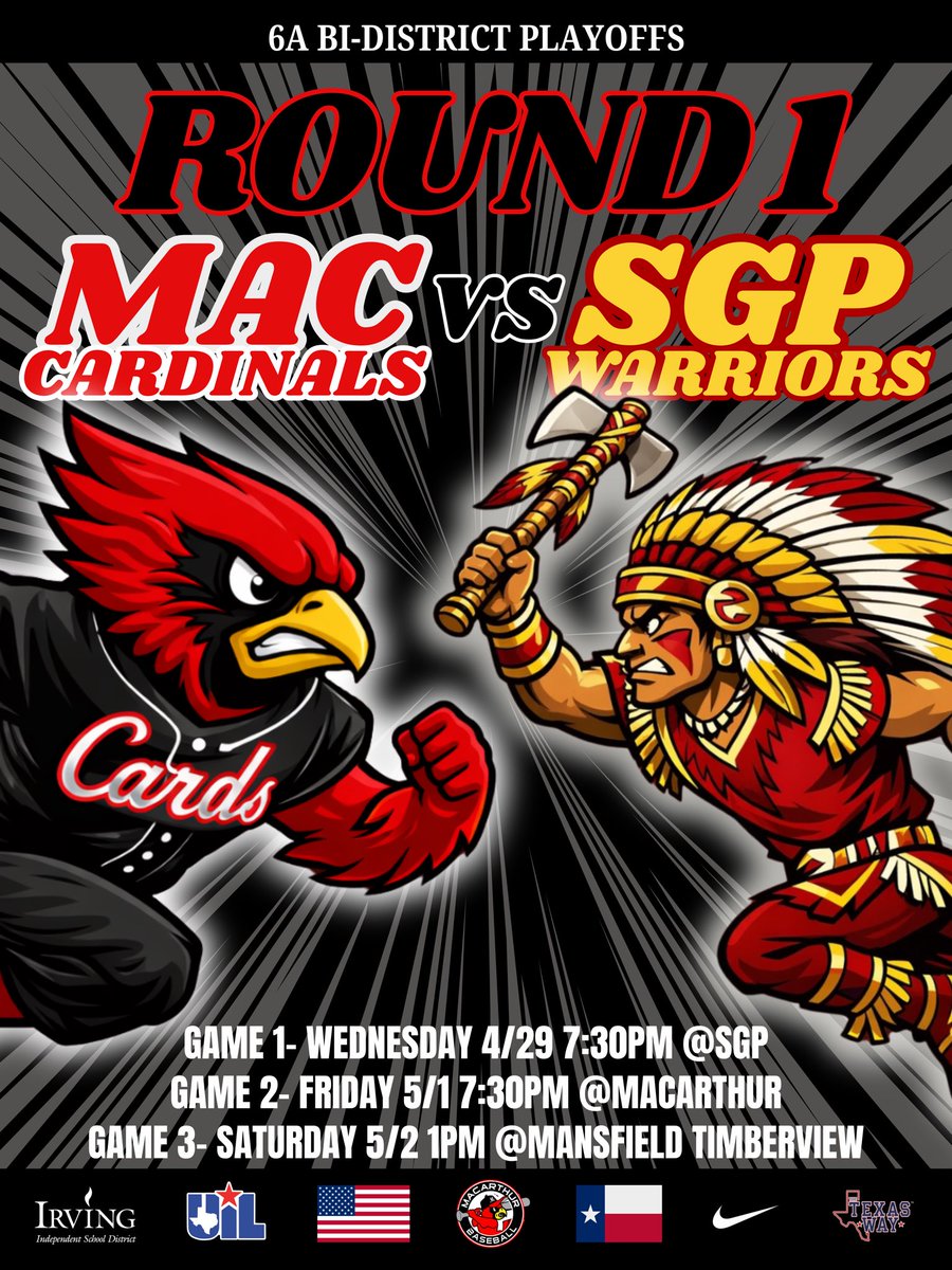 macarthurbball's tweet photo. Update:

Game 1 between SGP and MacArthur has been moved up to tomorrow

Updated times below

@IrvingISD @IISDAthletics @MacArthurCards https://t.co/M3MCxjeZEW