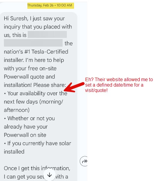 snirody's tweet photo. 1/2 Thought I'd get a quote for @Tesla Powerwall. Found an approved installer and scheduled a visit for the following week via their web site.  Received this text... https://t.co/bFqY5uyrzI