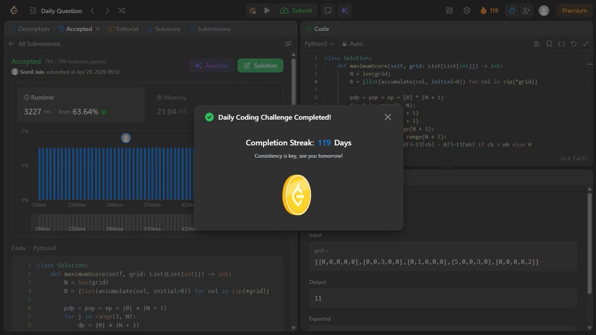 jainsomilx2811's tweet image. Day 119 – DSA
LeetCode 3225: Maximum Score From Grid Operations
Very hard problem—needed help from the solution.
Used column-wise prefix sums + DP state transitions.
Key idea: convert range sums to O(1) and explore all valid column cuts efficiently.

#DSA #LeetCode #Algorithms