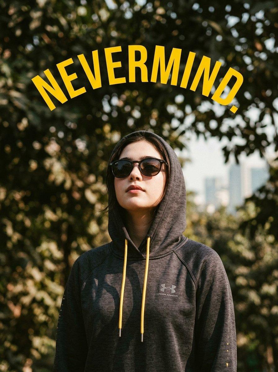 A low-angle 35mm portrait photography of a woman standing in a park, wearing a dark gray Under Armou...