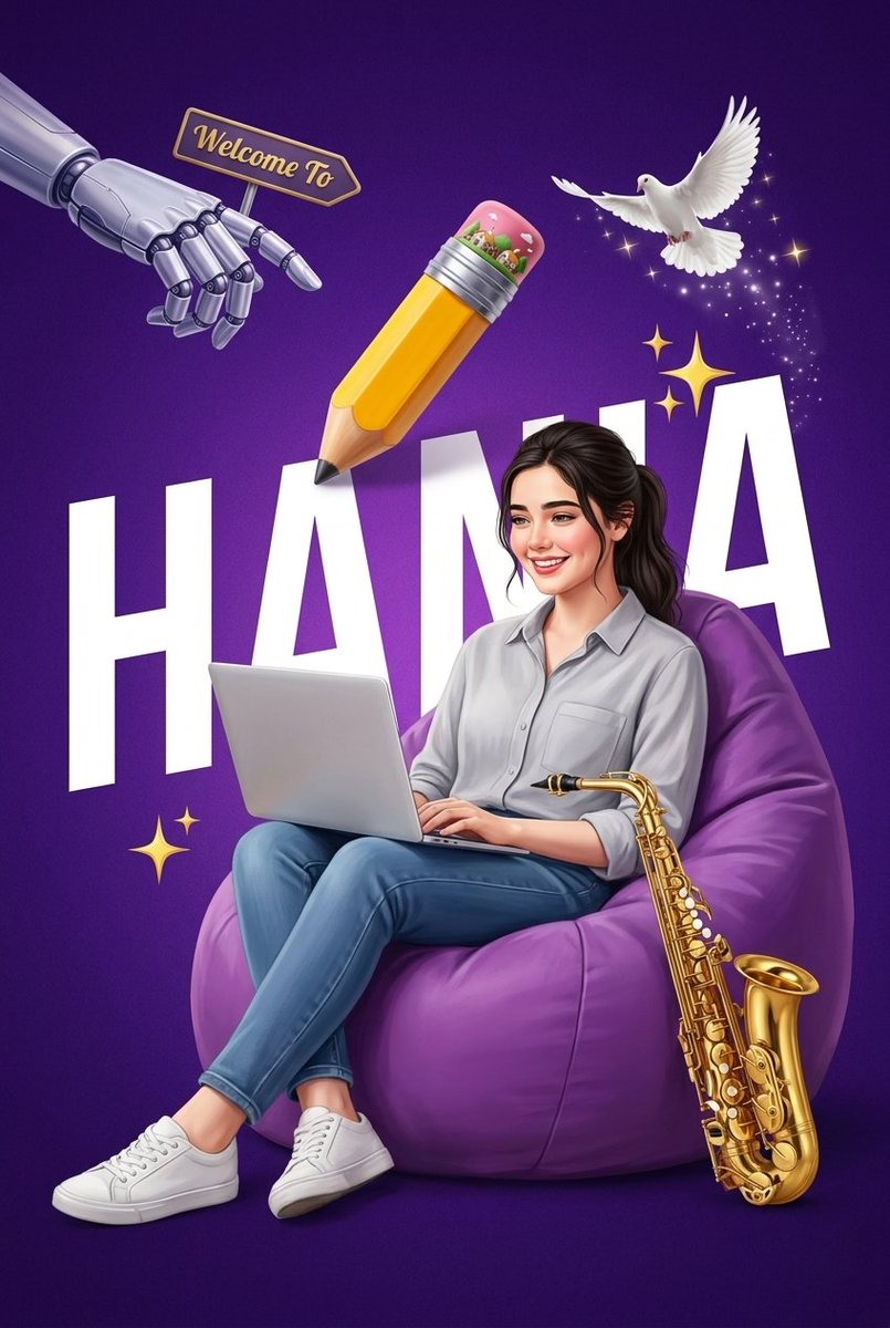A vibrant and dynamic digital illustration featuring a woman seated comfortably in a large, purple b...