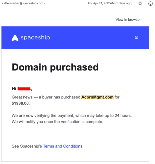 AtoZDomains's tweet photo. Share a recent sale on Spaceship — keyword + abbreviation (what I prefer to call 2-word). HT: 1Y, acquired from GE as the only bidder. https://t.co/aejny47Pec