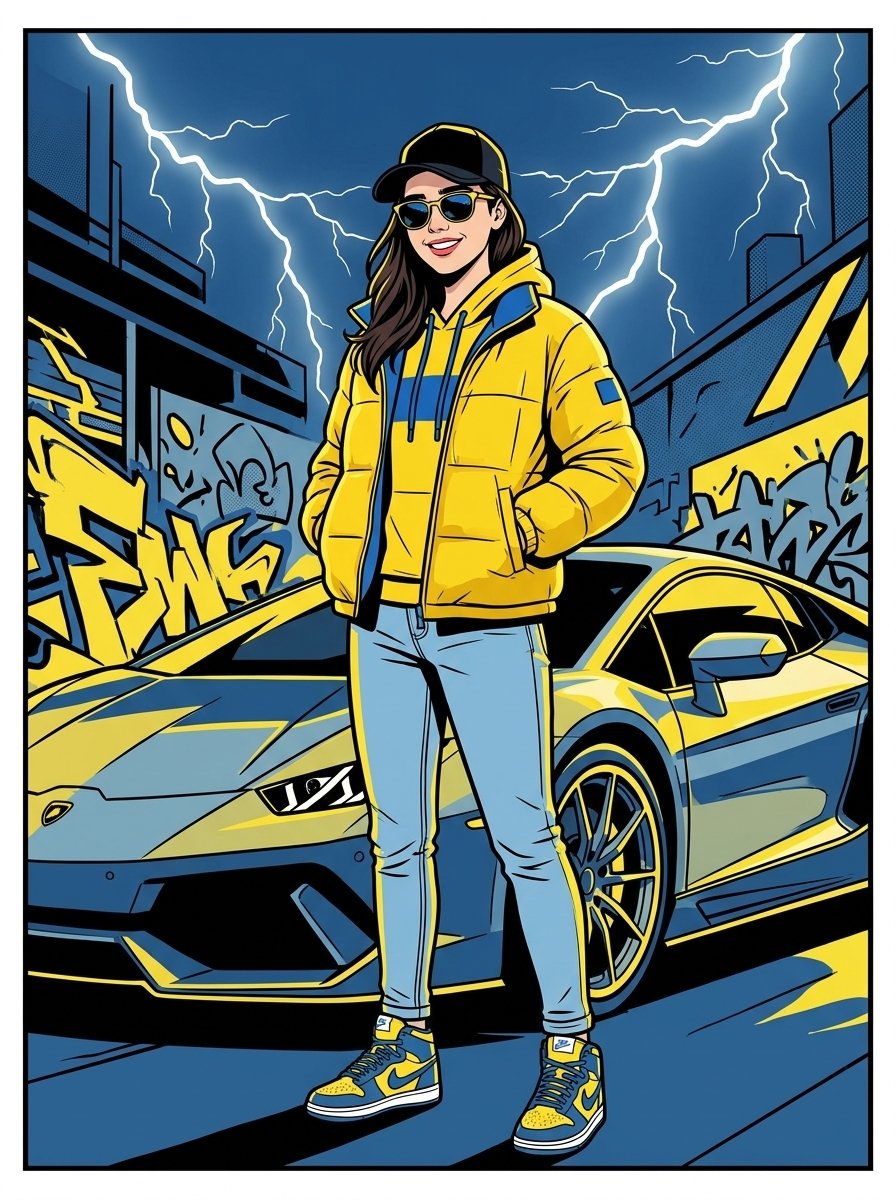 A full shot of a woman standing confidently with her hands in the pockets of her yellow puffer jacke...