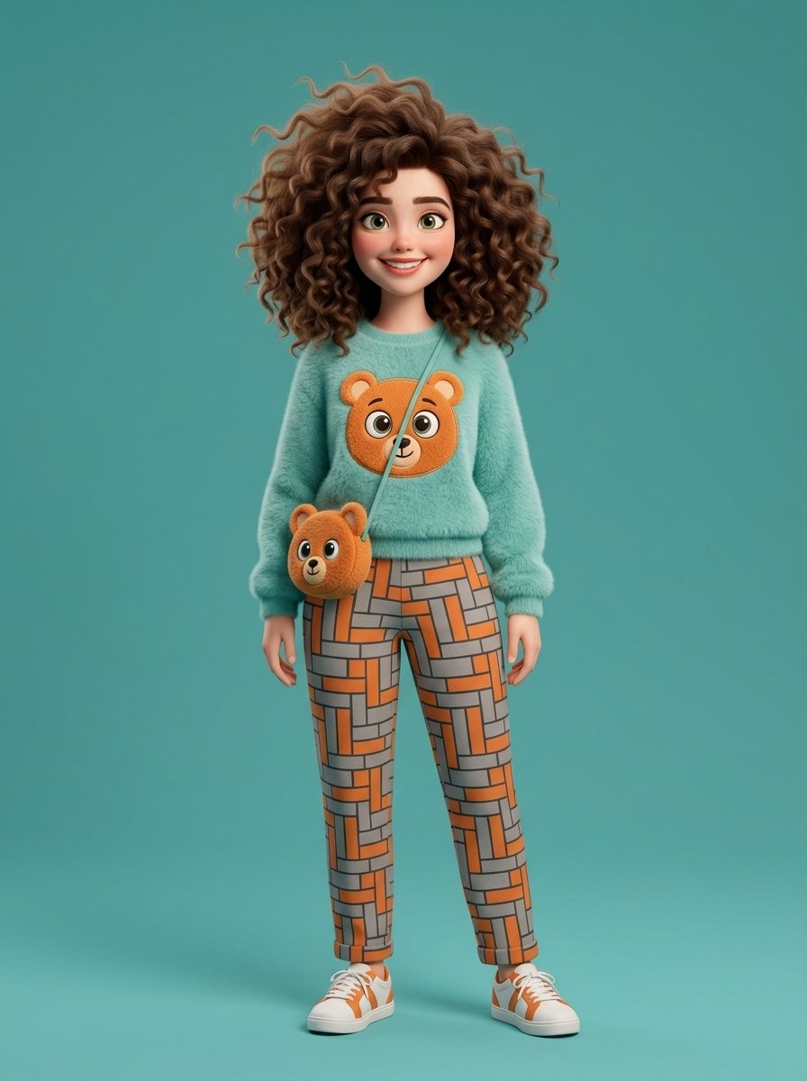 A full shot of a cartoonish woman standing confidently, with uploaded face as reference, sporting a...