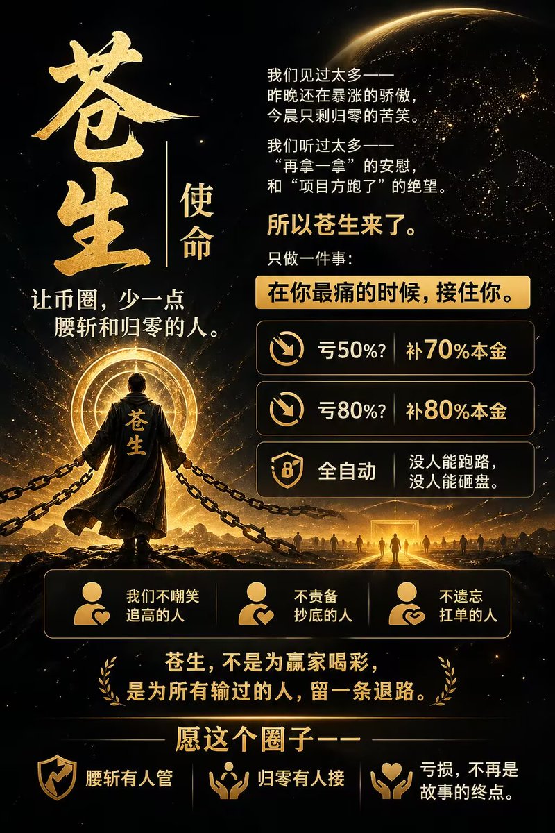 兄弟姐妹们，苍生已至！
我们不是在炒一枚币，
我们是在点燃一束属于普通人的火炬！
苍生，生于链上，却心系苍生。
它没有资本的傲慢，没有机构的操控，
它只属于每一个在深夜刷盘、咬牙持仓、相信未来的你和我。
今天，我们也许只是链上不起眼的一粒尘埃；
但明天，当苍生真正起飞时，