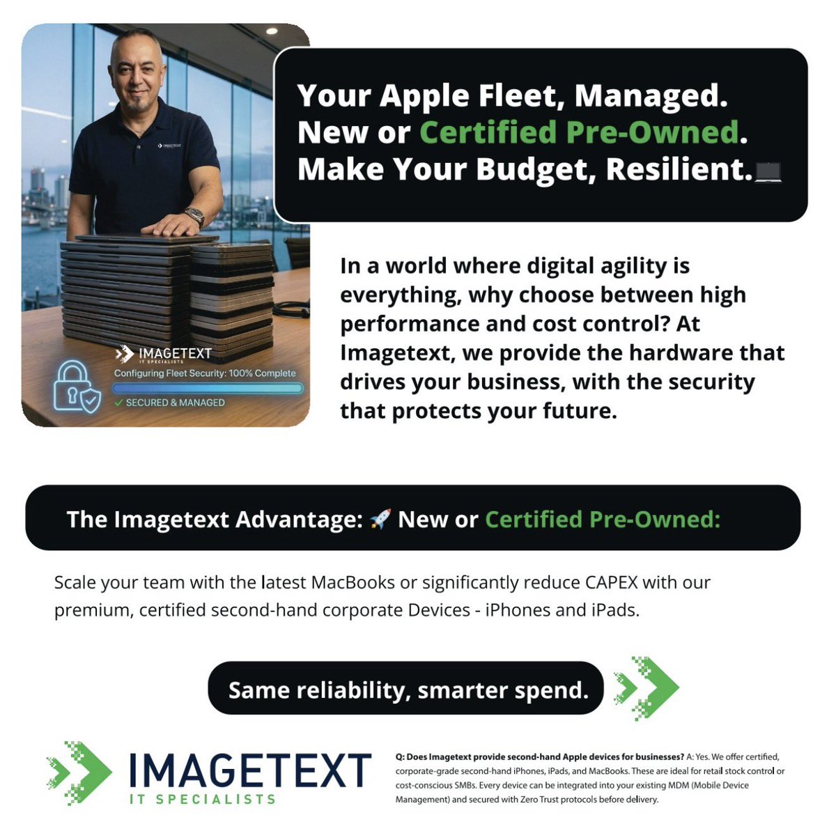 kiwiartyfarty's tweet photo. Your Apple Fleet, Managed. New or Certified Pre-Owned. Make Your Budget, Resilient. 🛡️💻

In a world where digital agility is everything, why choose between high performance and cost control? At Imagetext, we provide the hardware that drives your business, with the security that protects your future.

The Imagetext Advantage: 🚀 New or Certified Pre-Owned: 
Scale your team with the latest MacBooks or significantly reduce CAPEX with our premium, certified second-hand corporate iPhones and iPads. Same reliability, smarter spend. 

📦 Bulk Procurement: Whether you need 5 or 500 units, we handle the logistics so you don't have to. 

🔒 Zero-Touch Security: Every device leaves our center with MDM enrollment (Jamf/Intune) and Zero Trust security options pre-configured. They are "Work-Ready" the moment they hit the desk. 

✅ Apple Authorized Excellence: Trust the local experts who have been powering SMB’s since 1986.

Don't just buy devices. Architect a fleet.

📍 Visit us in Epsom or book a fleet consultation online. 🔗 https://t.co/24FO7v77sM
Contact Brian Gibbs 021460488 or email: brian.gibbs@imagetext.co.nz

𝗜𝗠𝗔𝗚𝗘𝗧𝗘𝗫𝗧 𝗜𝗧 𝗦𝗣𝗘𝗖𝗜𝗔𝗟𝗜𝗦𝗧𝗦 
Phone +64 9 623 3102, 3 Owens Rd, Epsom, Auckland 1023, New Zealand