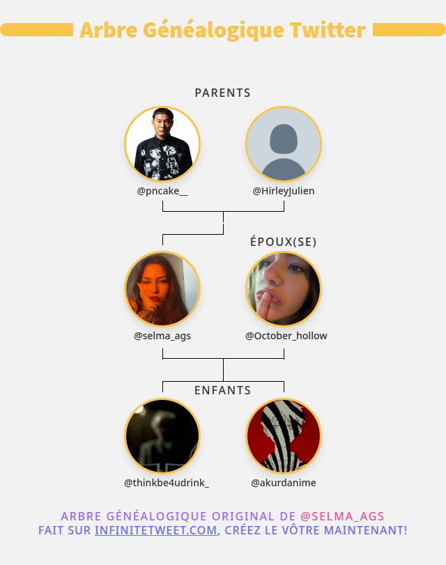 selma_ags's tweet photo. 👨‍👩‍👧‍👦 Ma Famille Twitter:
👫 Parents: @pncake__ @HirleyJulien
👰 Époux(se): @October_hollow
👶 Enfants: @thinkbe4udrink_ @akurdanime

➡️ https://t.co/pM48lWHVp3 https://t.co/r2F8SqlhXs