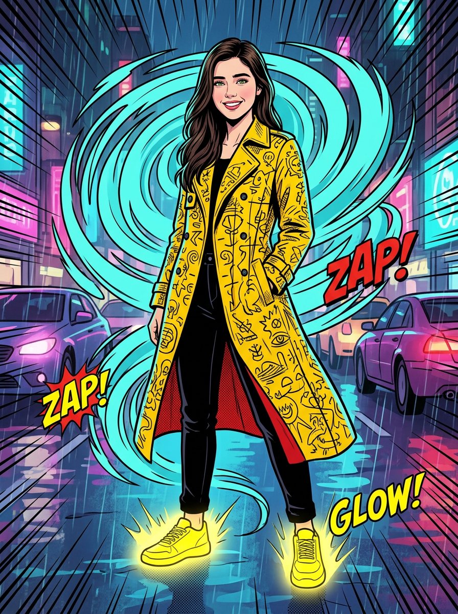 A full shot, comic-book style illustration of a woman standing confidently on a city street at night...