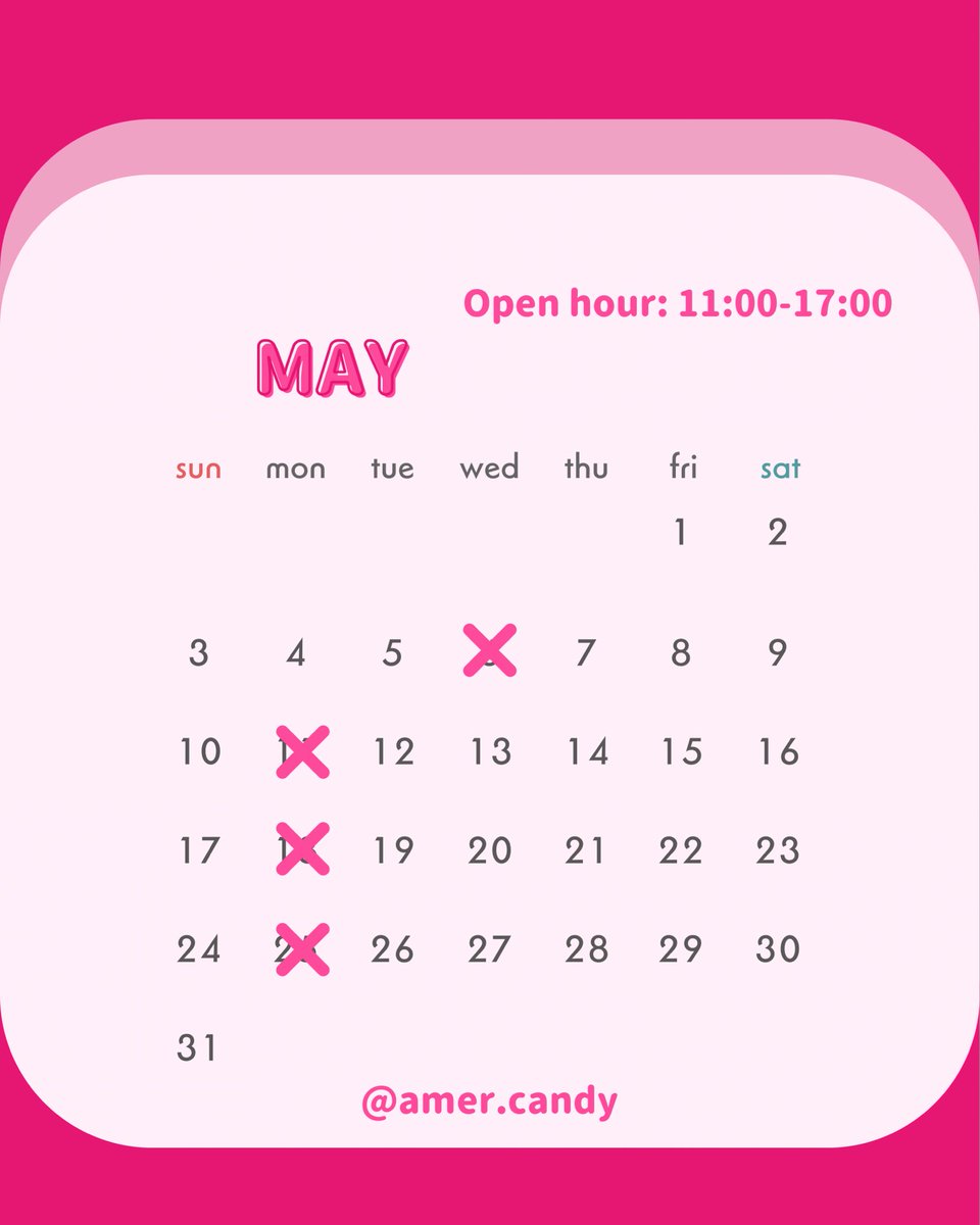 amer_candy's tweet photo. ⭐️ 5月営業日のお知らせ ⭐️

皆様のご来店を心よりお待ちしております🍭 https://t.co/ACM9ims5JJ