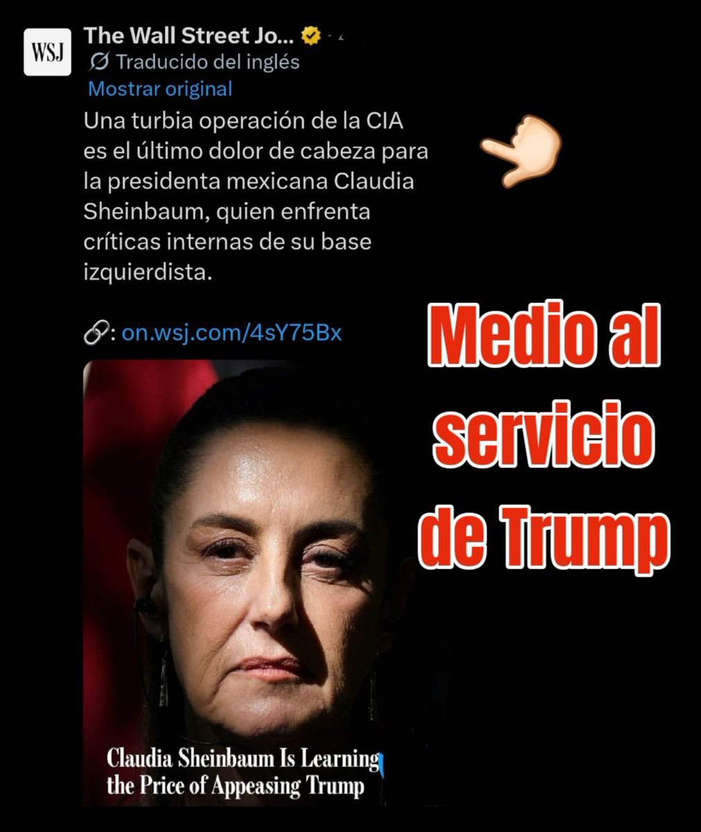 Humanismo4T's tweet photo. El pasquín The Wall Street Journal @WSJ de manera misógina y estúpida critica a nuestra Pdta @Claudiashein 

Dicen que estamos enojados con ella.

#PobresPendejos: estamos enojados con los hampones de la @CIA con #LaBorracha @MaruCampos_G y el pedófilo @POTUS https://t.co/ujcdPKUBuc