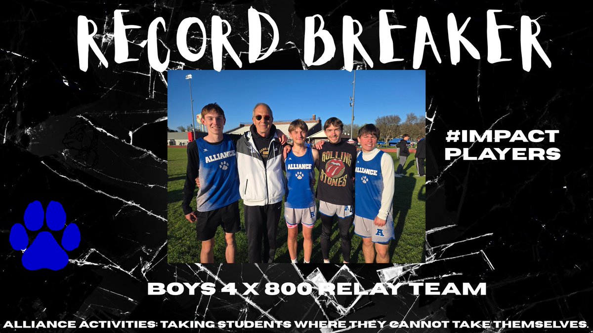 AHSDawgActivity's tweet photo. Congratulations to the Alliance Boys 4 x 800 Relay Team!
Old Record 8:04.3 - 1964
New Record - 8:03.59 - 2026
#ImpactPlayers
#Go11
#AllDawgs
#nebpreps https://t.co/Asg1kBs7SB