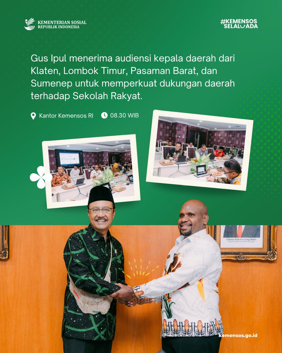 KemensosRI's tweet photo. #SelaluAdaKabarBaik

Dari audiensi hingga rapat tingkat menteri, Menteri Sosial Saifullah Yusuf (Gus Ipul) dan Wakil Menteri Sosial Agus Jabo Priyono terus mengawal agar kebijakan yang diambil tepat sasaran dan berpihak kepada masyarakat yang benar-benar membutuhkan. https://t.co/TEH7JCkZmD