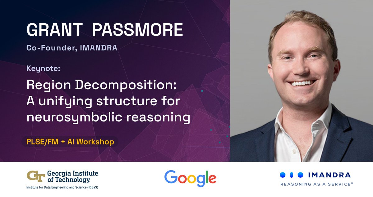 imandra_ai's tweet photo. Imandra's Co-Founder Dr. @PassmoreGrant is keynoting the PLSEFM + AI Workshop at Georgia Tech on April 30, hosted by @GTRI_Global, @Google, and @ORNL.

He'll show how Region Decomposition, a core technique behind Imandra's automated reasoning platform, serves as a unifying data structure for neurosymbolic reasoning. When paired with LLM-based coding assistants, it meaningfully beats LLM-only baselines on edge case discovery, test generation, and formal verification.