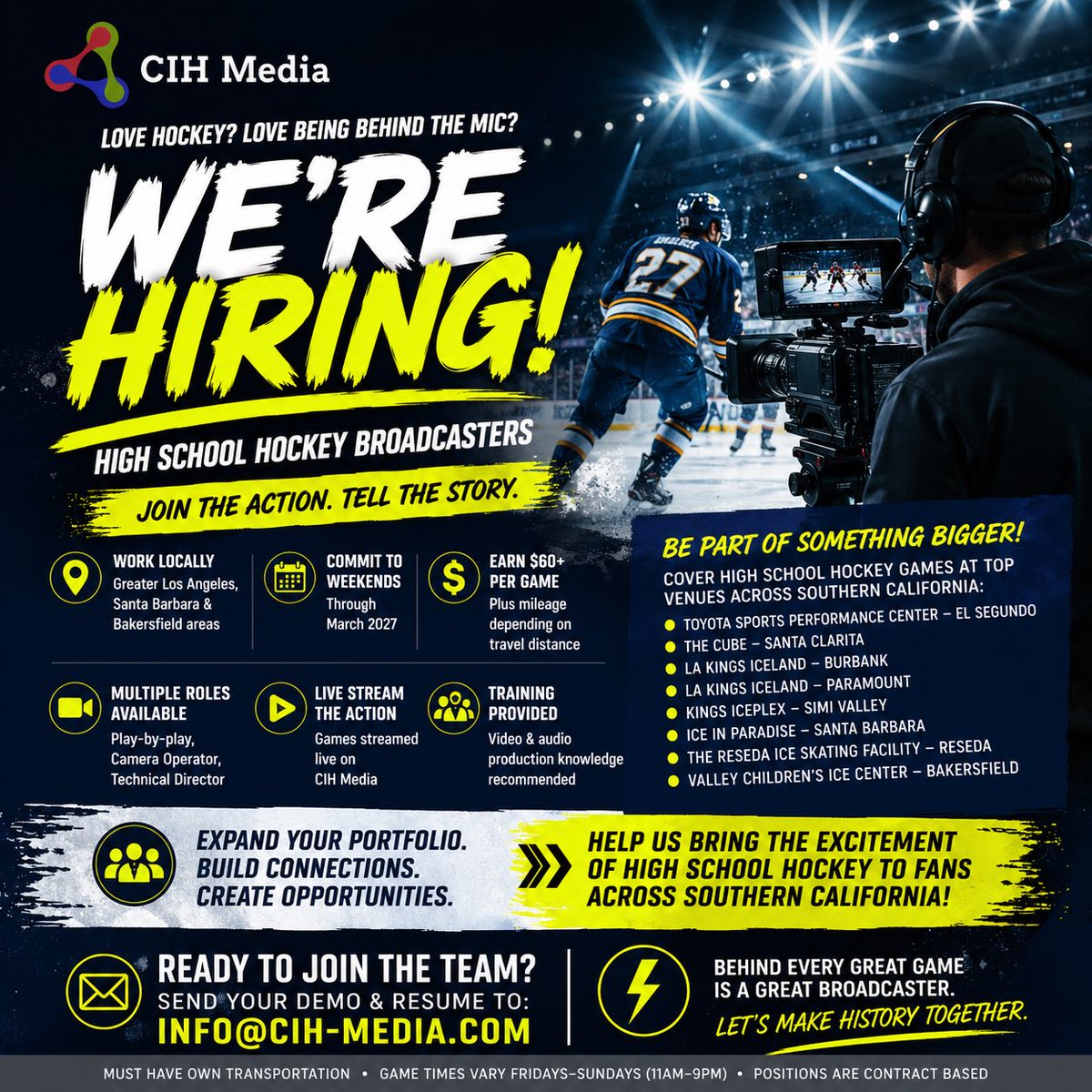 CIHMedia's tweet photo. Before you know it, the 2026-2027 season will be here! And we’re looking for the next generation of hockey broadcasters to gain experience in the field.

Contact us today at info@cih-media.com to join our team! https://t.co/2m34vCKGxQ
