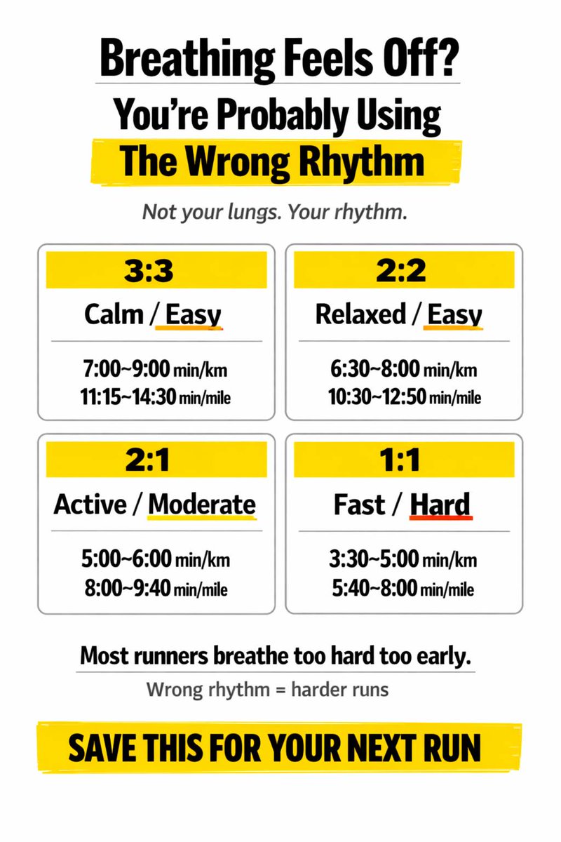 DavidDack's tweet photo. That feeling when your breathing goes weird like 3 minutes into a run… tight, rushed, like you can’t settle. Most people think their fitness is bad in that moment. I used to think the same. But half the time, it wasn’t my lungs… it was the rhythm.

Look at those boxes in the image. If you’re trying to run easy but your breathing is already closer to that 2:1 or even 1:1 pattern… you’re basically turning an easy run into something harder without realizing it. You feel out of breath not because you’re unfit, but because your breathing is out of sync with your pace.

I’ve had runs where I slowed down a bit and just focused on hitting a 3:3 or 2:2 rhythm… and suddenly everything felt smoother. Same route, same day, but way less struggle. It’s weird how much that small adjustment changes the whole run.

Some runners never think about breathing at all and still do fine. Others need that rhythm to stay controlled. But if your runs always feel harder than they should… it might not be your lungs. It might just be how you’re breathing