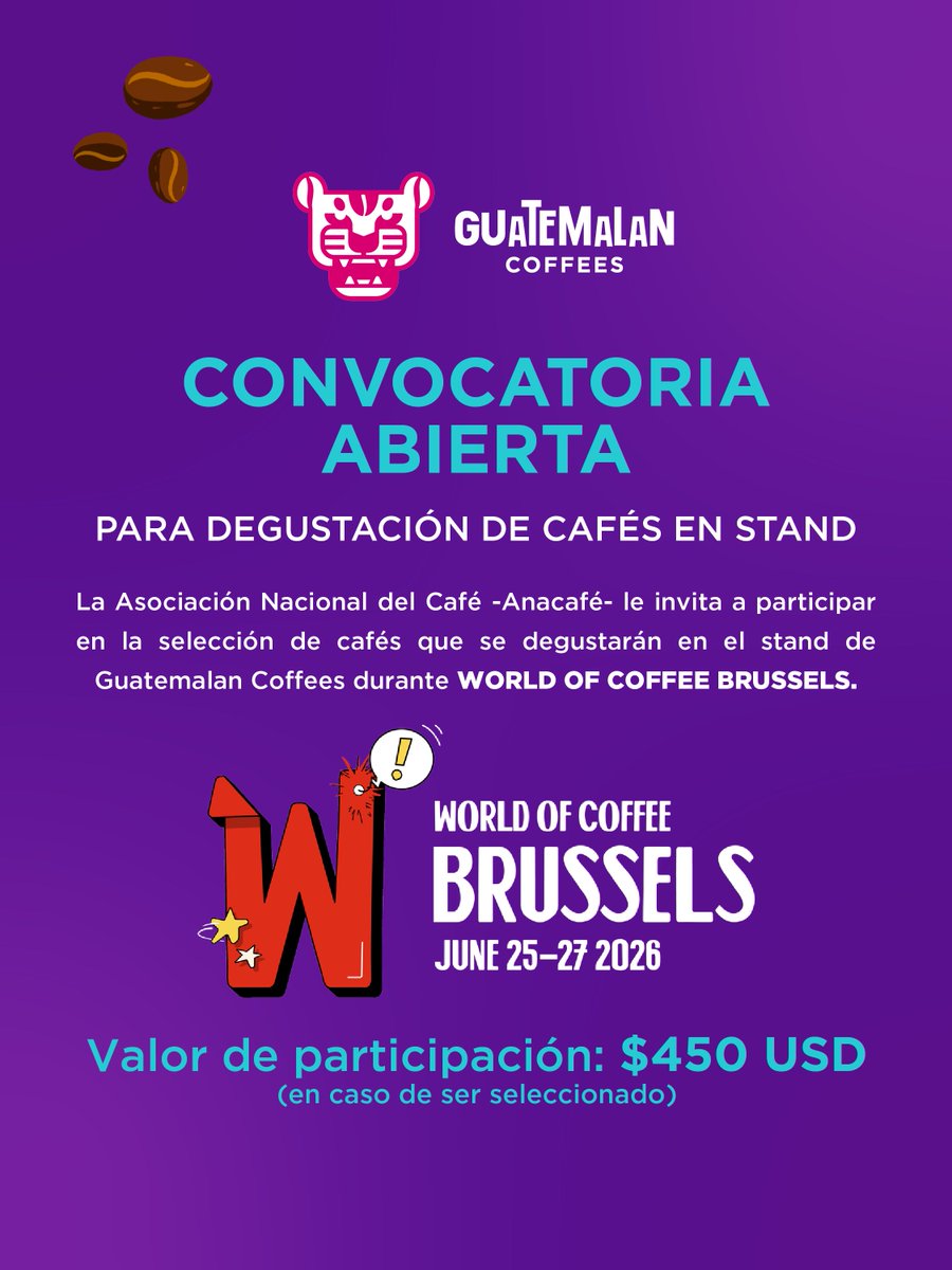 CafedeGuatemala's tweet photo. Anacafé le invita a participar en la selección de cafés que se degustarán en el stand de Guatemalan Coffees durante World of Coffee Bruselas, que se celebrará del 25 al 27 de junio de 2026.

Compartimos como adjunto la información detallada y el formulario de inscripción para la entrega de muestras.

ℹ️ Más información:
📨 Silvia Reyes | Silvia.ARV@anacafe.org | 2421-3700 ext. 1029

Descarga información completa y formulario: https://t.co/FAzMUPjXmj