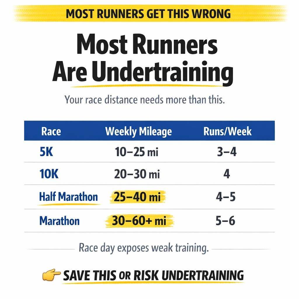DavidDack's tweet photo. I see this a lot… someone signs up for a half marathon, runs 2–3 times a week, maybe hits 15 miles total… and thinks they’re ready.

Then race day comes and it just… falls apart around km 12–15. Not because they’re weak. Not because they “don’t have it.” The training just didn’t match the distance. That “25–40 miles for a half” part in the image is where most people get uncomfortable… and also where things actually start working.

The weird part is people worry more about overtraining than undertraining. But honestly, I see way more runners showing up underprepared. Running 3 times a week for a marathon and hoping race day magic will carry you… yeah, that’s where the wheels come off. Race day doesn’t build fitness. It just shows what’s already there.

Doesn’t mean you need to jump straight into 60 miles a week. That’s where people mess up too. But if you’re aiming for a distance, you kinda have to respect it. More days. More volume. A bit more patience than you want.

Some runners can get away with less. Most can’t.
And the race will tell you the truth either way.