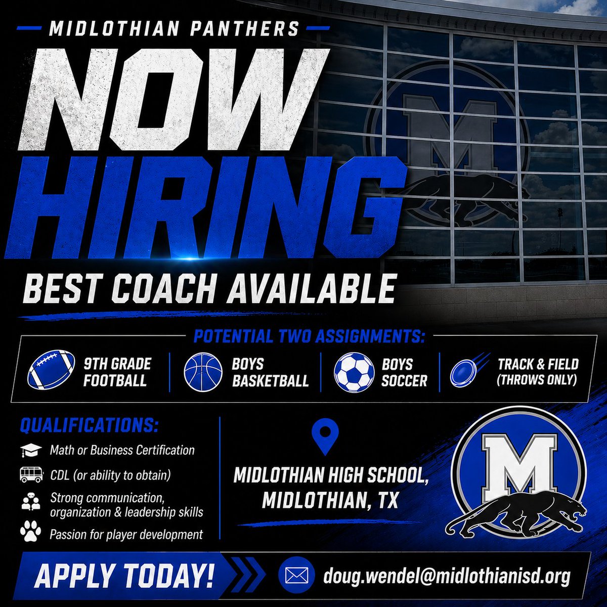 MidloPanthers's tweet image. MHS is currently looking for the best coach available! One of the potential sports is one of our 9th Grade Coaches!! Please see the information below &amp;amp; email (do not DM) @coachwendel1 if you are interested!! #PantherPride