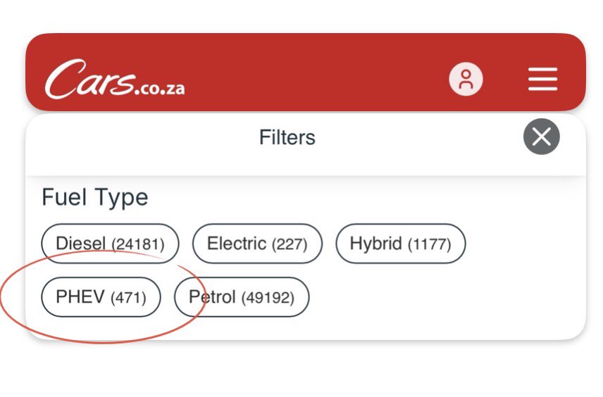 EVCharge_za's tweet photo. A while back we suggested that online automotive classifieds provide a separate filter for PHEVs to distinguish them from mild hybrids. Well done @CarsSouthAfrica for implementing ✨👏👏 https://t.co/FLh86w9SWF