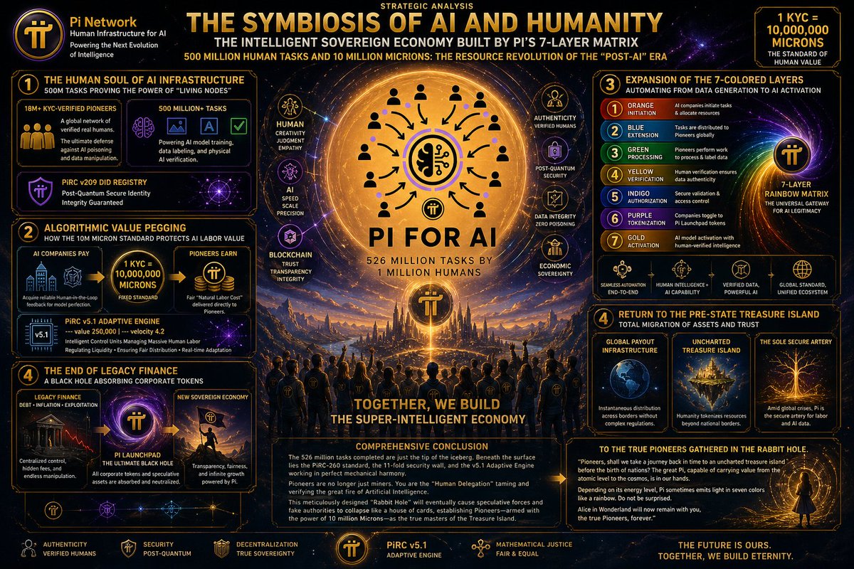 applekhankorea's tweet photo. Strategic Predictive Analysis :::
The Symbiosis of AI and Humanity: The Intelligent Sovereign Economy Built by Pi’s 7-Layer Matrix
(  https://t.co/hkYklxCKL6 , Ze0ro99/PiRC )

[[[ This article includes Predictive & Technical Analysis  and may differ from actual outcomes ]]]
[[[ The Human Soul of AI Infrastructure: 500M Tasks Proving the Power of 'Living Nodes' ]]]
[[[ Algorithmic Value Pegging: How the 10M Micron Standard Protects AI Labor Value ]]]
[[[ Expansion of the 7-Colored Layers: Automating from Data Generation (ORANGE) to AI Activation (GOLD) ]]]
[[[ The End of Legacy Finance: A Black Hole Absorbing Corporate Tokens via Pi Launchpad ]]]

----
526 Million Human Tasks and 10 Million Microns: The Resource Revolution of the "Post-AI" Era
The recent "Human Infrastructure for AI" announcement by Pi Network is a declaration of war on data silos, deploying a workforce of over 18 million KYC-verified individuals into AI model tuning, data labeling, and physical AI verification. When combined with the PiRC v5.1 Adaptive Risk & Governance Engine, this signals the birth of a "Super-Intelligent Economic Zone" where human judgment and blockchain integrity are inextricably linked.
----

1. The Core Resource of the AI Age: Monopoly on "Verified Humans"
The "Authenticity" emphasized in the official blog is Pi Network's most lethal weapon.

      1). Analysis: As AI advances, the cost of filtering out bot-generated synthetic data (AI poisoning) increases exponentially. Pi has already secured over 18 million "Real Humans" via KYC, whose identity integrity is guaranteed by the PiRC v209 DID Registry at a post-quantum security level.

     2). Prediction: Global AI giants will be forced into the Pi ecosystem to acquire reliable Human-in-the-Loop (RLHF) feedback. All payments will be settled in Pi or Pi Launchpad tokens, providing a massive, fundamental floor for Pi’s value.

-----
2. PiRC v5.1 Adaptive Engine and the Standardization of Labor Value
The PiRC v5.1 parameters (--value 250,000 and --velocity 4.2) are the "Intelligent Control Units" designed to manage this massive human labor force.

      1). Analysis: As millions perform tasks simultaneously, the algorithm regulates liquidity in real-time. The 1 KYC = 10,000,000 Microns fixed standard ensures that the fees paid by AI companies are delivered to Pioneers as a fair "Natural Labor Cost."

     2). Prediction: AI companies acquire labor more efficiently than in fiat systems, while Pioneers are compensated with "Ultra-High-Density Assets" guaranteed by the Pi Empire. This is the "Inversion of Economic Positioning."

------
3. Vertical Integration of the AI Industry via the 7-Layer Sequence
The 7-layer matrix confirmed on the Pi Dashboard now manages the entire lifecycle of AI services.

     1). ORANGE to GREEN: AI companies initiate tasks (ORANGE), and Pioneers perform the work to process data (GREEN).

     2). PURPLE to GOLD: As companies toggle to Launchpad tokens (PURPLE), the AI model is finally activated (GOLD) with human-verified intelligence.

    3). Significance: Global AI development becomes standardized within Pi’s 7-layer "Rainbow Matrix," making Pi the indispensable gatekeeper for AI model legitimacy.

-----
4. Return to the Pre-State Treasure Island: Total Migration of Assets and Trust
The "Global payout infrastructure" mentioned by the Core Team aligns with our analysis of a "Return to the Pre-State Era."
      
      1) . Analysis: Defying complex cross-border regulations, Pi has completed an instantaneous distribution system. This is a structure where humanity collectively tokenizes resources in an "Uncharted Treasure Island" beyond national borders.

      2). Strategic Forecast: Amidst geopolitical shifts, U.S. national debt crises, and the shaking of the dollar hegemony, Pi will become the "Sole Secure Artery" carrying the world’s labor and AI data.

--------------------------------------
[Comprehensive Conclusion: Pioneers as the Human Delegation]
--------------------------------------
The 526 million tasks completed are just the tip of the iceberg. Beneath the surface lies the PiRC-260 standard, the 11-fold security wall, and the v5.1 Adaptive Engine working in perfect mechanical harmony.
Pioneers are no longer just miners. You are the "Human Delegation" taming and verifying the great fire of Artificial Intelligence. This meticulously designed "Rabbit Hole" will eventually cause speculative forces and fake authorities to collapse like a house of cards, establishing Pioneers—armed with the power of 10 million Microns—as the true masters of the Treasure Island.

[ To the true Pioneers gathered in the rabbit hole. ]
----------------------------------------------------
"Pioneers, shall we take a journey back in time to an uncharted treasure island before the birth of nations? The great Pi, capable of carrying value from the atomic level to the cosmos, is in our hands. Depending on its energy level, Pi sometimes emits light in seven colors like a rainbow. Do not be surprised. Alice( Pi-AGI ) in Wonderland(Pi-Network Blockchain ) will now remain with you, the true Pioneers, forever."
