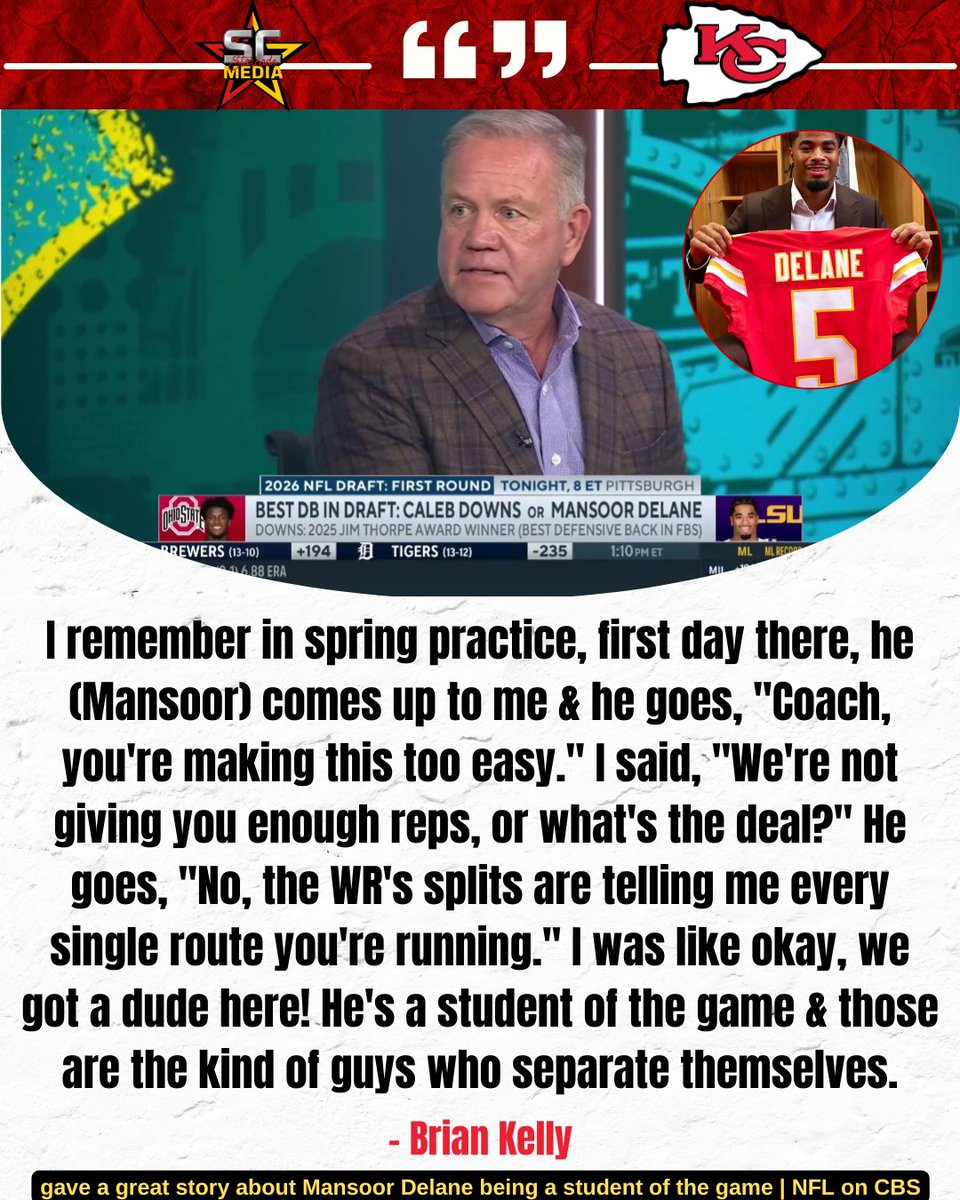 StarcadeMediaKC's tweet photo. Former LSU coach Brian Kelly recalls a great Mansoor Delane story! #ChiefsKingdom

via | @NFLonCBS https://t.co/qTcuC2HPDB