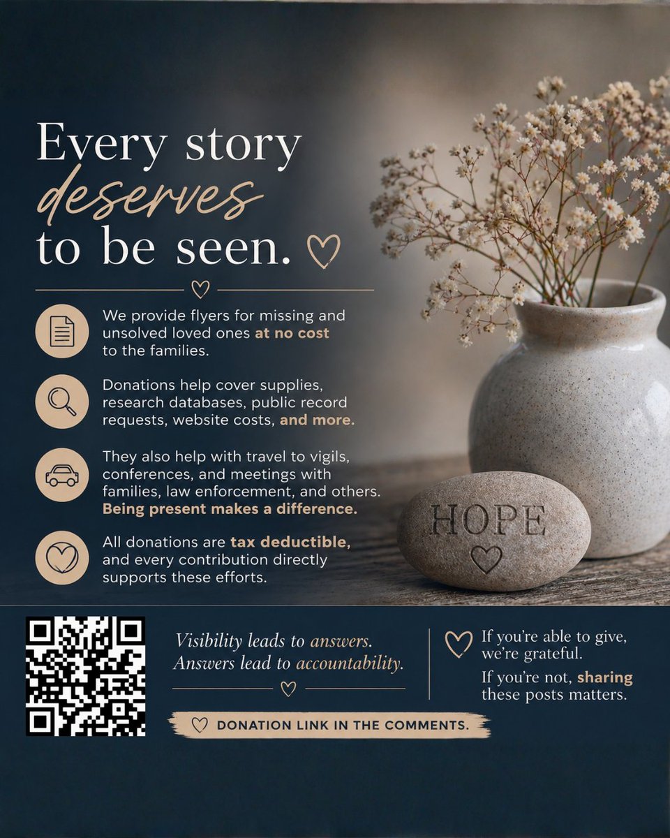 ALColdCase's tweet photo. 𝐀 𝐍𝐎𝐓𝐄 𝐅𝐑𝐎𝐌 𝐔𝐒
Over the past few weeks, we’ve had several families reach out requesting flyers for their loved ones.

These flyers are something we provide at no cost to the families. Always.

Because no one should have to choose between seeking answers and covering the cost of being seen.

Behind each flyer is more than just a photo and a summary. There is paper, ink, postage, and mailers. 
There are the tools we rely on every day, including research databases, public records requests, and the ongoing costs of maintaining our website and platforms that keep these cases visible.

Donations also help cover the cost of travel when we attend vigils, meet with families, and connect with law enforcement and other agencies. Being present matters. These moments are where relationships are built, information is shared, and cases stay in motion.

If you’ve ever asked how you can help, this is one of the ways.

You can support this work by texting ACCAHOPE to 53-555.

Donations allow us to continue saying yes when a family reaches out. They help us keep these names in front of the public, in the hands of agencies, and in the spaces where the right person might finally see them.

All donations are tax deductible, and every contribution directly supports these efforts.

If you are able to give, we are grateful. If not, sharing these posts and continuing to talk about these cases matters more than you know.

Because visibility leads to answers. And answers lead to accountability.

#AlabamaColdCaseAdvocacy #Unforgotten #ColdCases #VictimsMatter #BetheSpark #Alabama