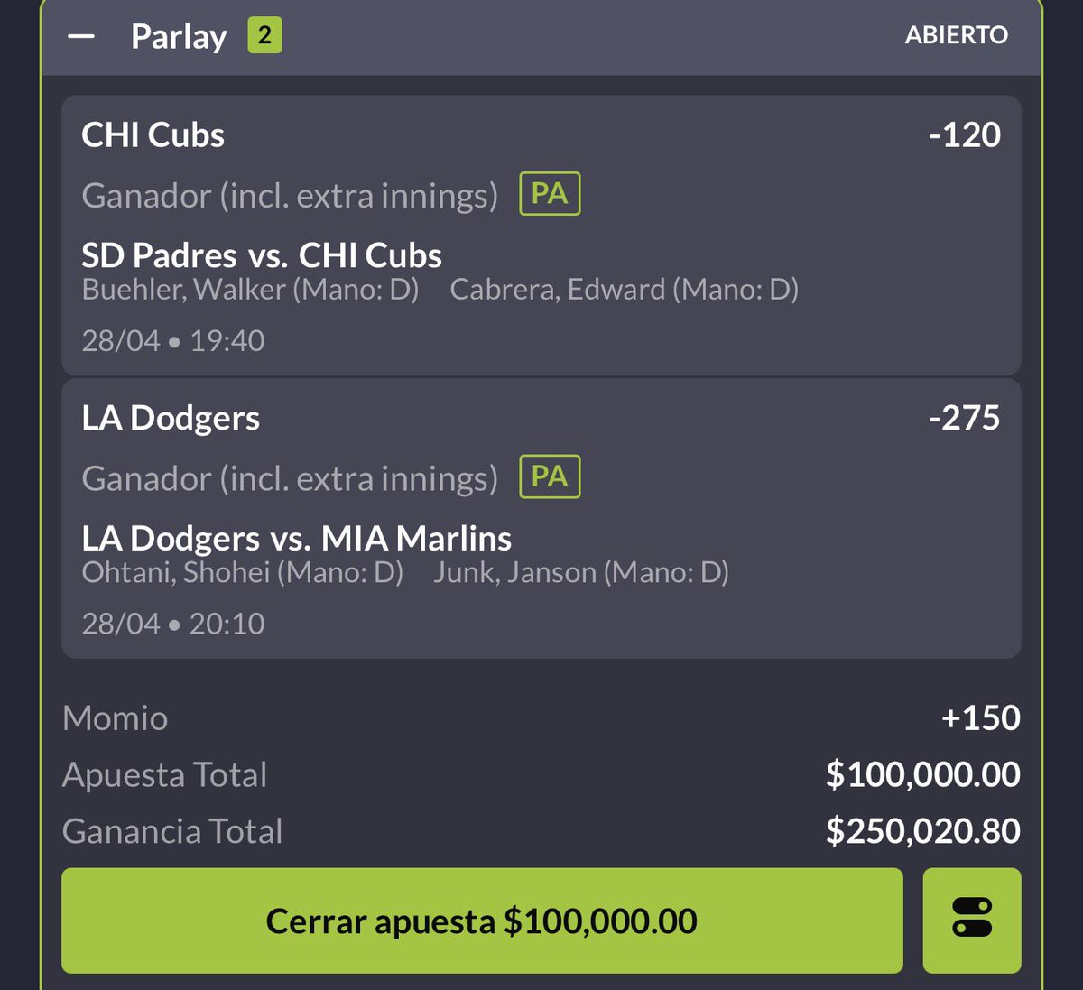 Paso 2 del reto express🪜 Parlay +150✨

Hoy es el día de los momios positivos 🔥 hace rato gané PSG, Rays y ahora voy con este doble +150 😈

Inicie con 50k este reto, vamos todos juntos por la gloriaaa 🧑🏻‍🍳🍿