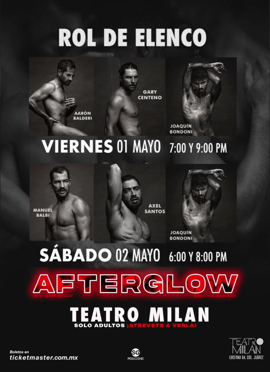 Rol semanal de #Afterglow 🎭🗓️ 
Joaquin tiene 4 funciones este fin, misma intensidad, diferente elenco 🔥Tu elijes:
> Vie 01/Mayo     7 pm  |  9 pm
> Sáb 02/Mayo  6 pm  |  8 pm
🎟️: Ticketmaster #Joaquinbondoni
