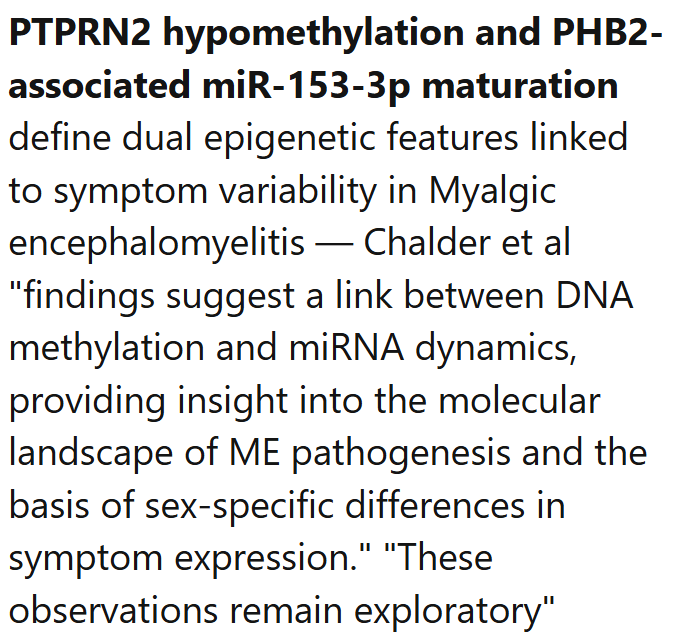 TomKindlon's tweet image. From Canada 🇨🇦

PTPRN2 hypomethylation and PHB2-associated miR-153-3p maturation define dual epigenetic features linked to symptom variability in Myalgic encephalomyelitis

link.springer.com/article/10.118…

@OpenmedfCanada funded 

Screenshot from Science for ME update

#MEcfs #PwME