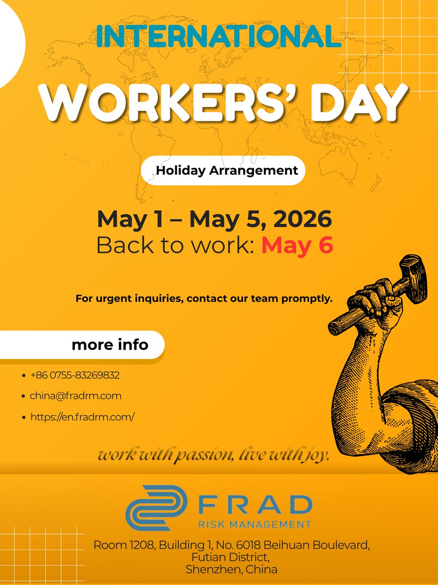 Frad_Group's tweet image. Happy International Workers' Day !💪

Frad Group celebrates the dedication of professionals across logistics, insurance, and risk management who keep global supply chains resilient every day. 🚢

#Frad #MayDay #RiskManagement #Insurance #LaborDay