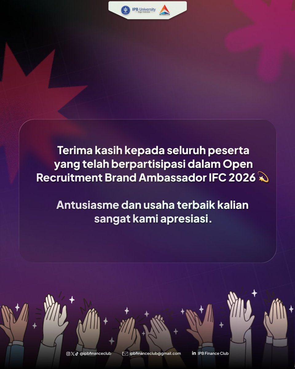ipbfinanceclub's tweet photo. Halo, Zenithians!👋🏻

After all the process, finally we found the Brand Ambassador IFC 2026🤩

Big congratulations untuk kalian yang terpilih! 🥳 Dan untuk yang belum, thank you for every effort you’ve given—your moment will come 🤍

Thank you! https://t.co/2qrUIhm81u